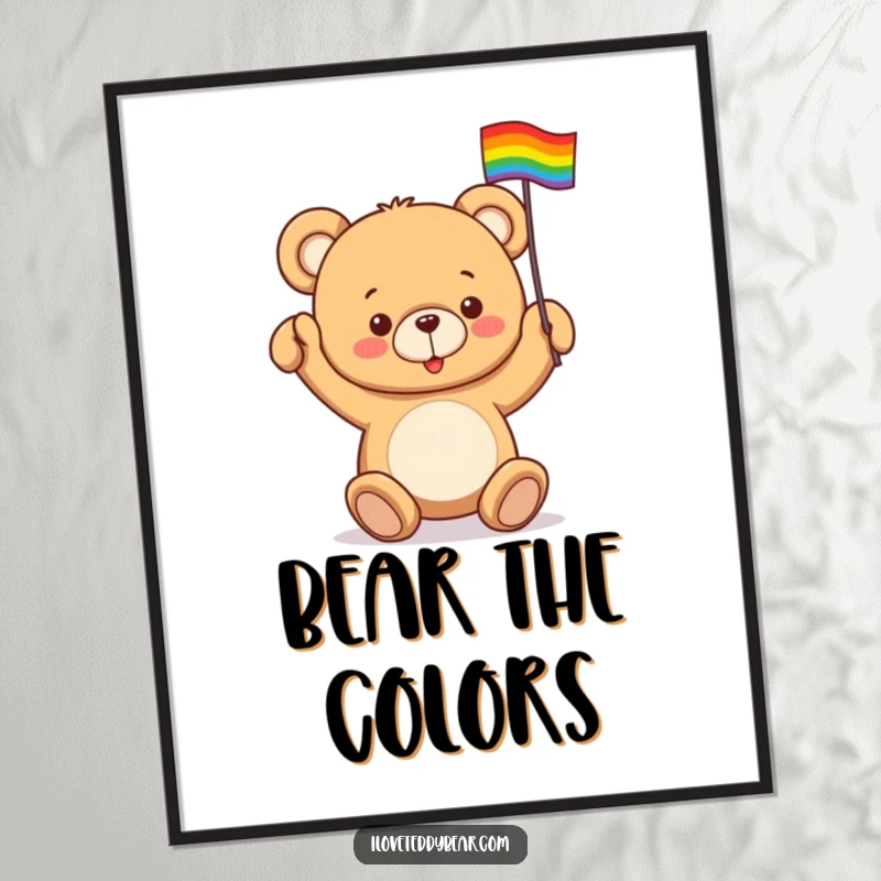 Funny digital art print of a teddy bear enthusiastically waving a tiny rainbow flag, conveying love and pride.