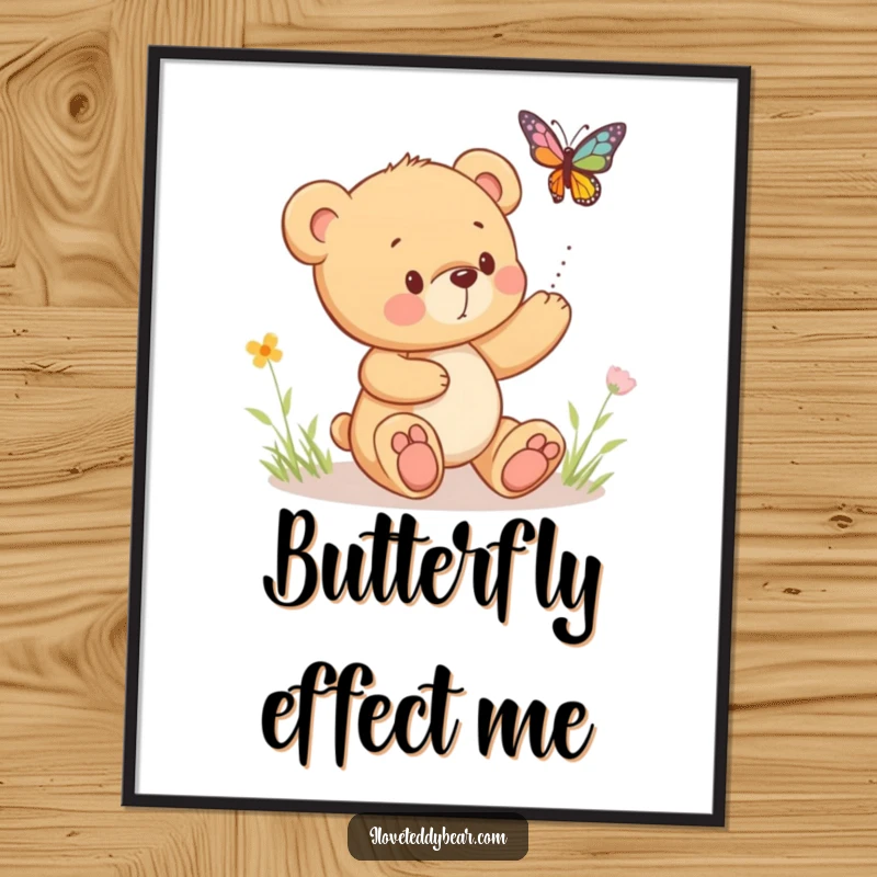 Funny digital art print of a teddy bear playfully chasing a vibrant, bouncing butterfly, evoking innocent fun and charm.