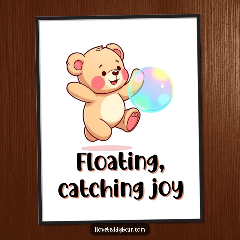 Funny Teddy Bear Digital Art Print: Joyful teddy bear leaps after an iridescent bubble, capturing a moment of playful bliss.