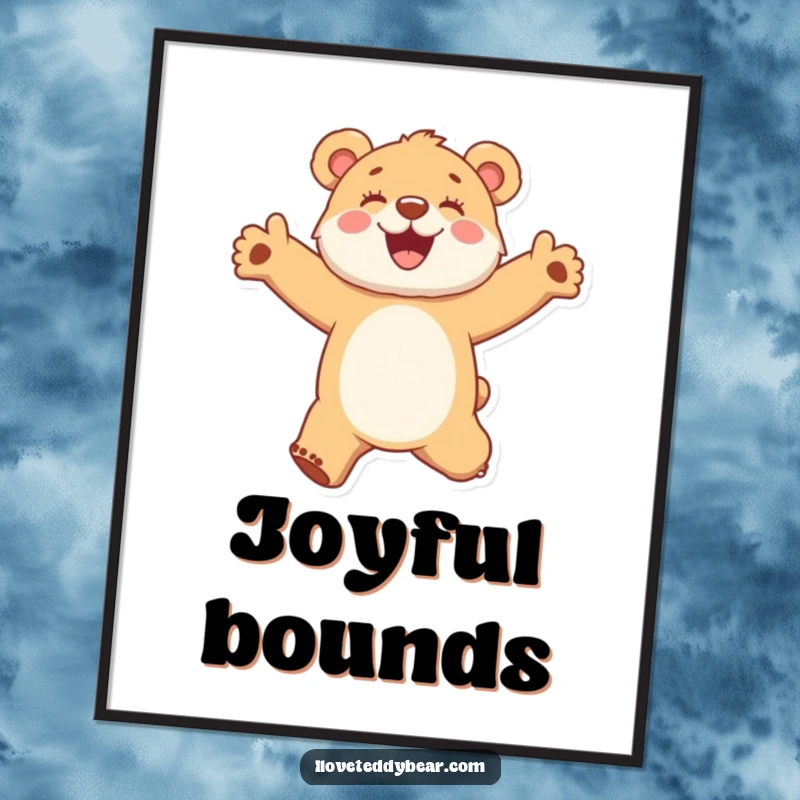 Funny digital art print of a fuzzy bear cub jumping with arms outstretched in a moment of pure glee, perfect for joyful decor.
