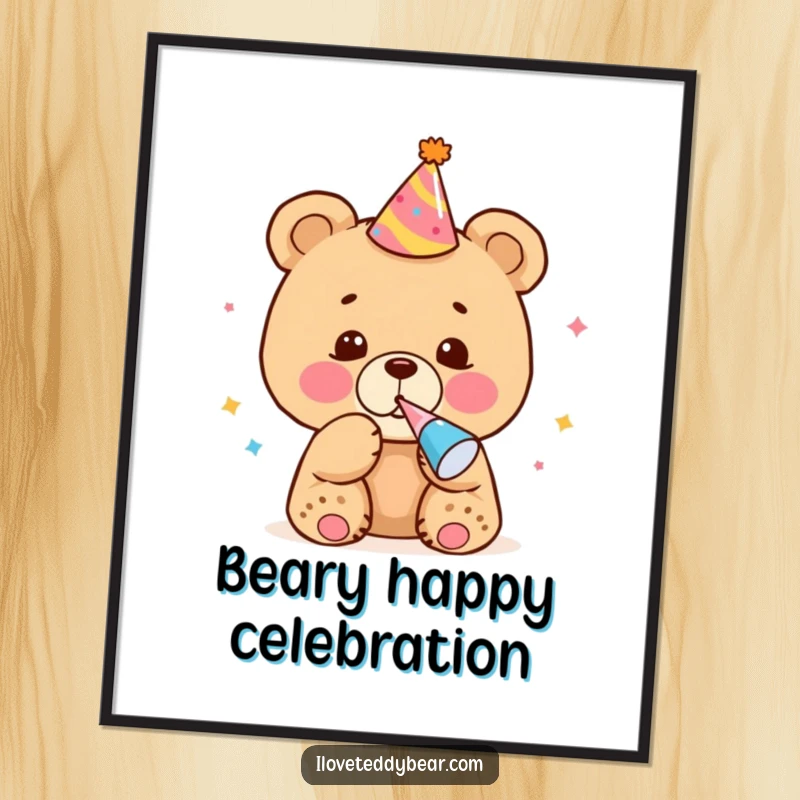 Funny Digital Art Print of a bear cub with a party hat and noisemaker, offering instant festive decor with humor.