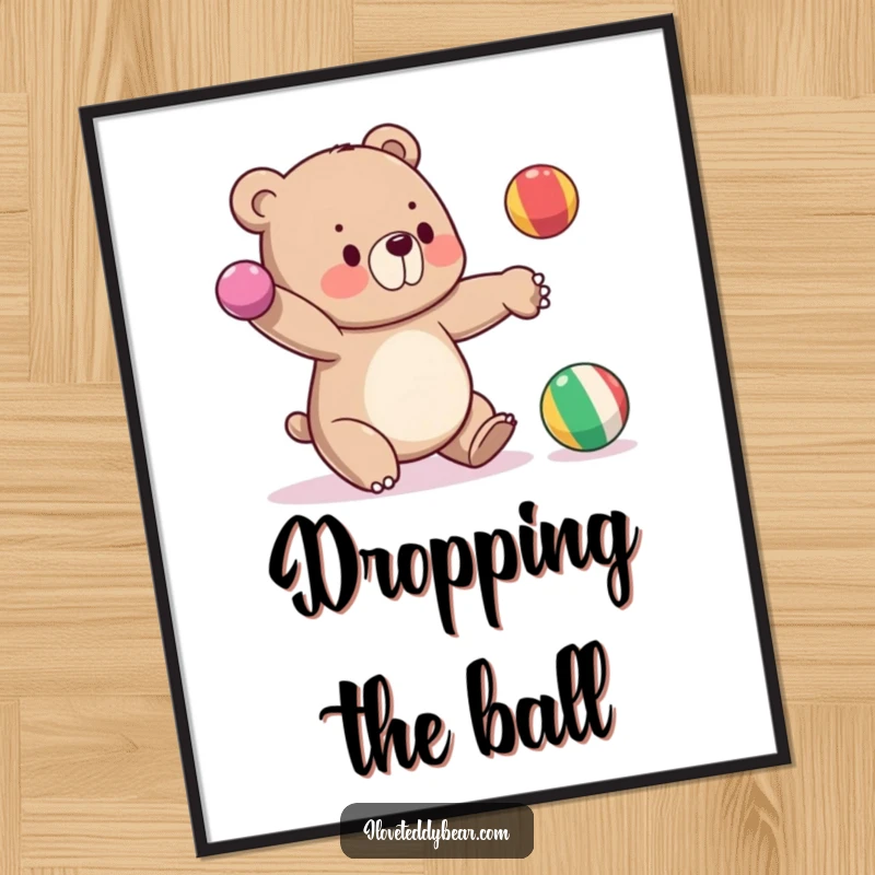 Funny digital art print of a bear attempting to juggle three balls, one falling, great for humorous digital display.