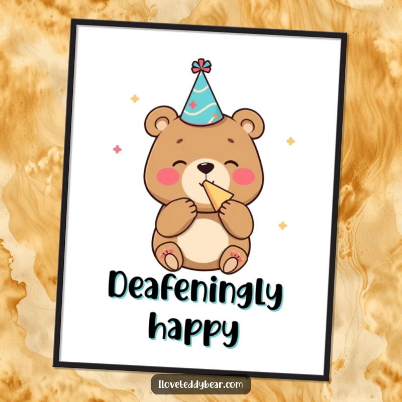 Funny digital art print of a bear in a party hat blowing a noisemaker with glee, great for festive digital display.