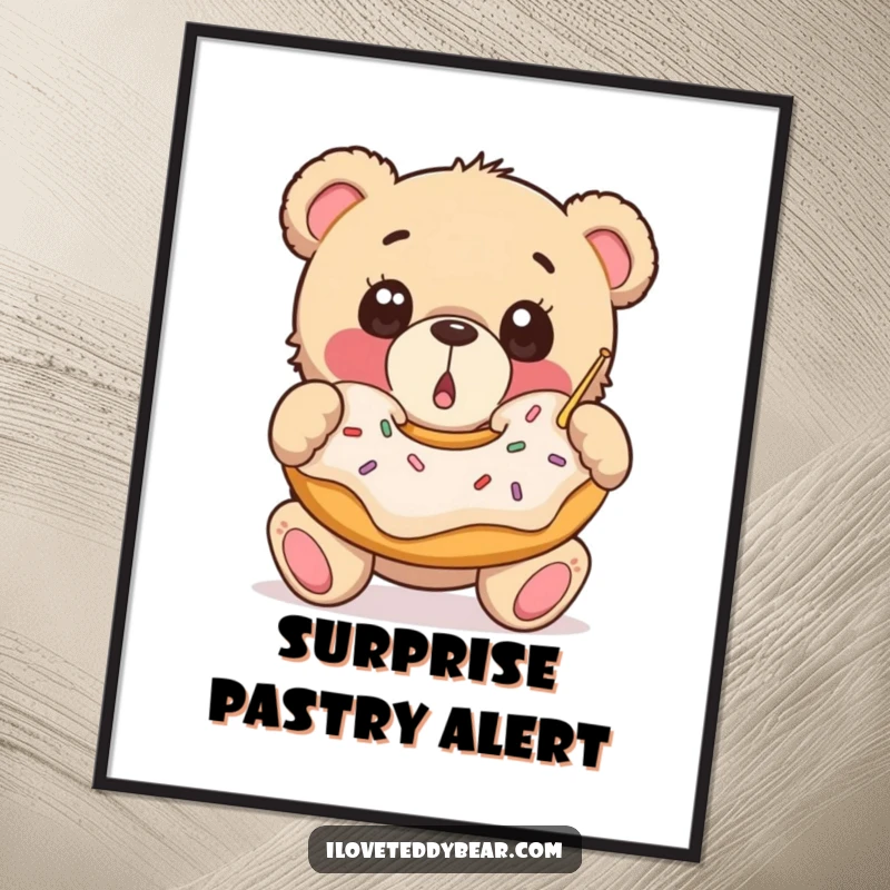 Funny Digital Art Print: Surprised teddy bear with wide eyes catches a large falling donut, capturing a moment of pure, sweet, and humorous delight.
