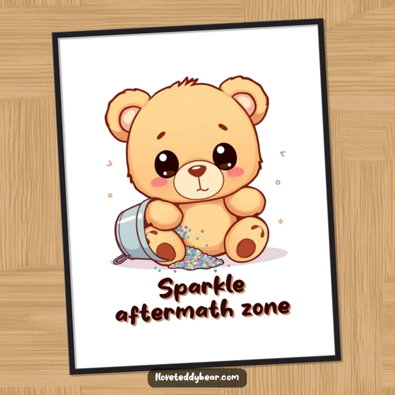 Funny digital art print of a teddy bear with wide eyes, accidentally spilling a bucket of glitter, capturing a moment of delightful, humorous chaos.