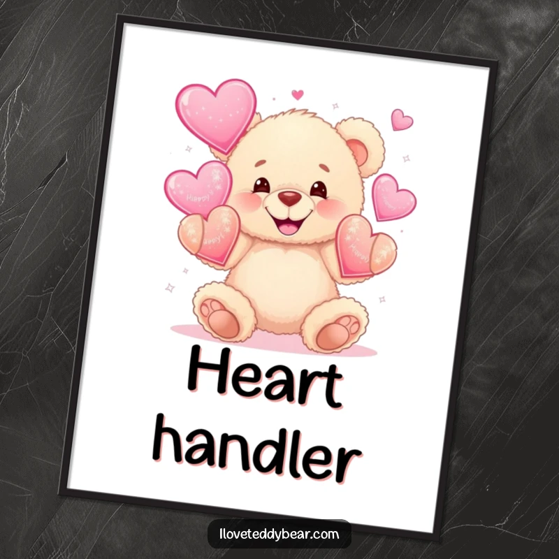 Funny digital art print of a fluffy teddy bear with a wide grin juggling sparkly hearts, capturing pure, heartfelt joy.