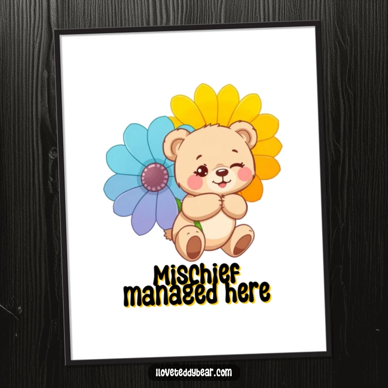 Funny digital art print of a teddy bear winking mischievously, hiding a giant flower, capturing playful charm and secret delight for your walls.