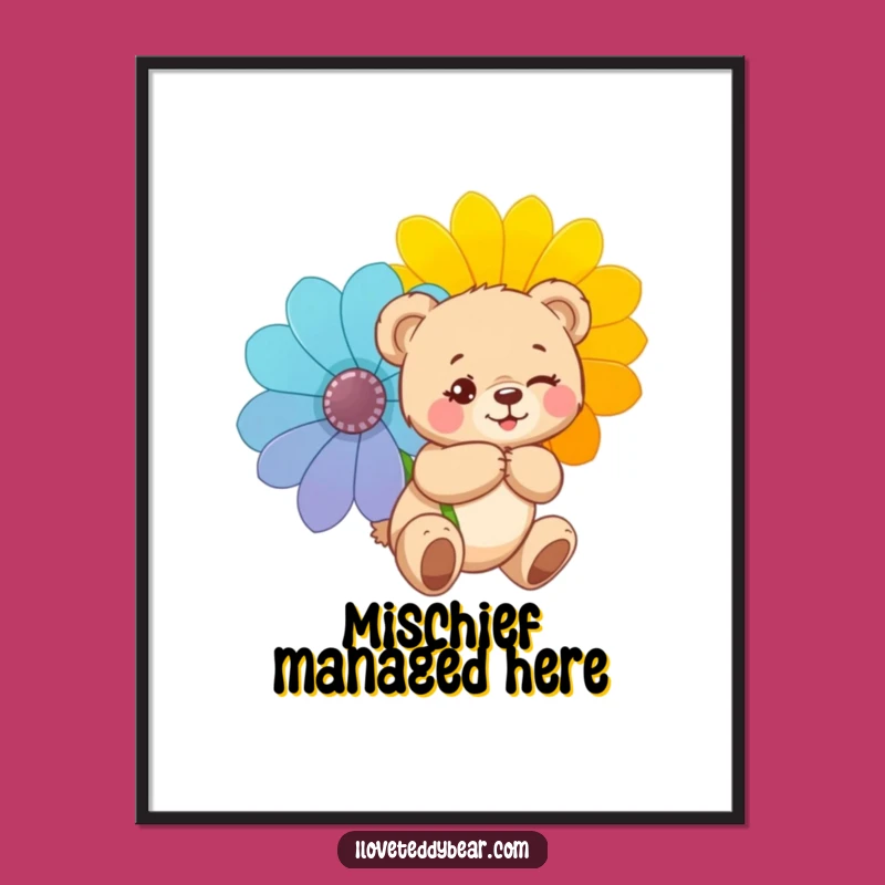 Funny Mischievous Teddy Bear Digital Art: Secret Flower Design, Downloadable Funny Gift