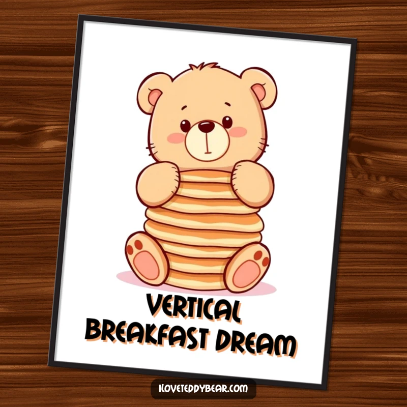 Funny digital art print of a chubby teddy bear balancing pancakes, perfect for instant, humorous kitchen wall decor.