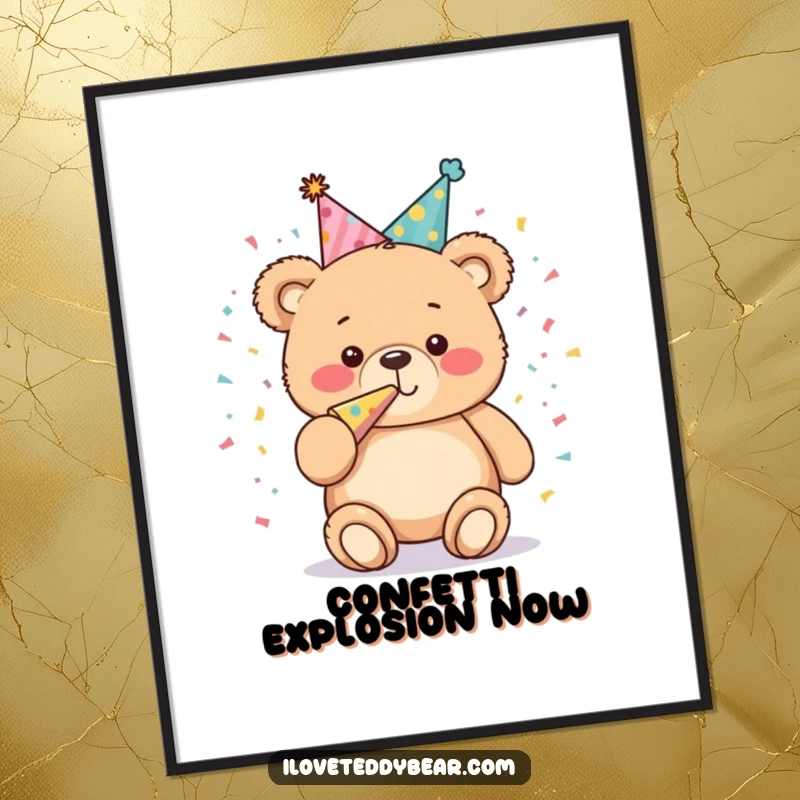 Funny Digital Art Print: Plump teddy bear in a party hat actively blows a confetti horn, capturing a moment of joyous, festive celebration.