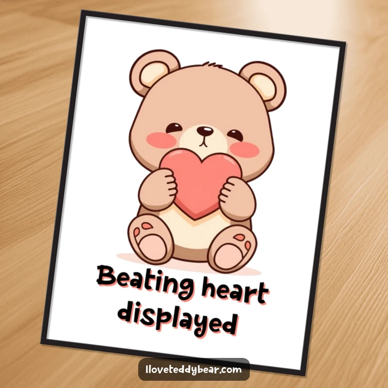 Funny shy bear digital art print, bear offering a single large heart with a blush, cute cartoon art, romantic wall decor.