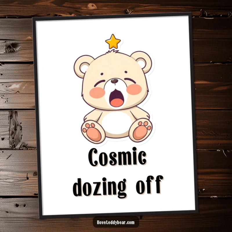 Funny Sleepy Teddy Bear Digital Art Print: Teddy bear yawning wide under a twinkling star, creating a serene and peaceful mood.