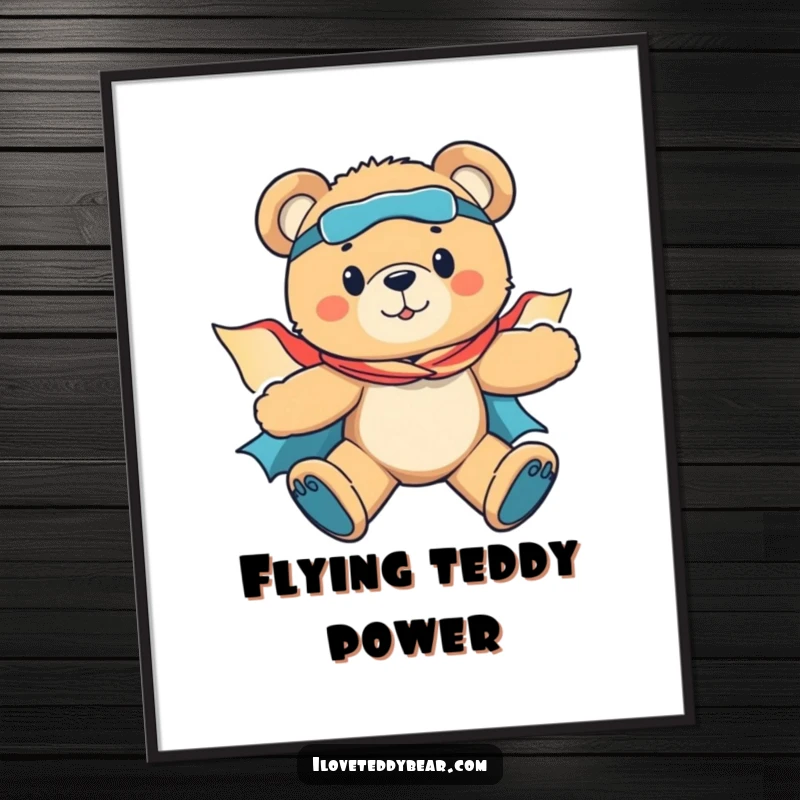 Funny digital art print of a teddy bear superhero flying powerfully, cape streaming, perfect for adding a dose of heroic excitement.