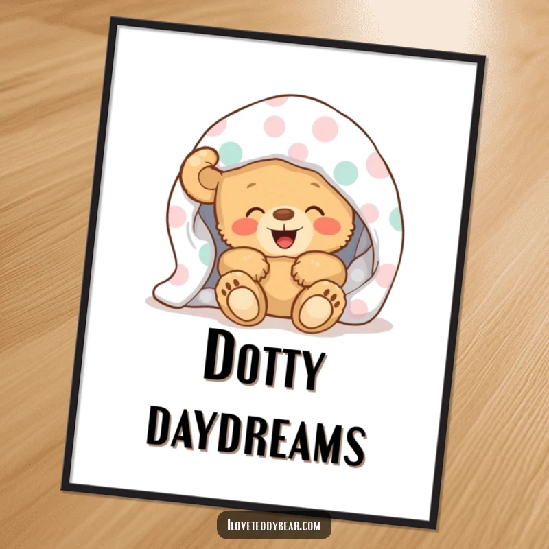 Funny Digital Art Print showing a teddy bear giggling from beneath a polka-dot blanket, embodying warmth and happiness, ready to be printed.