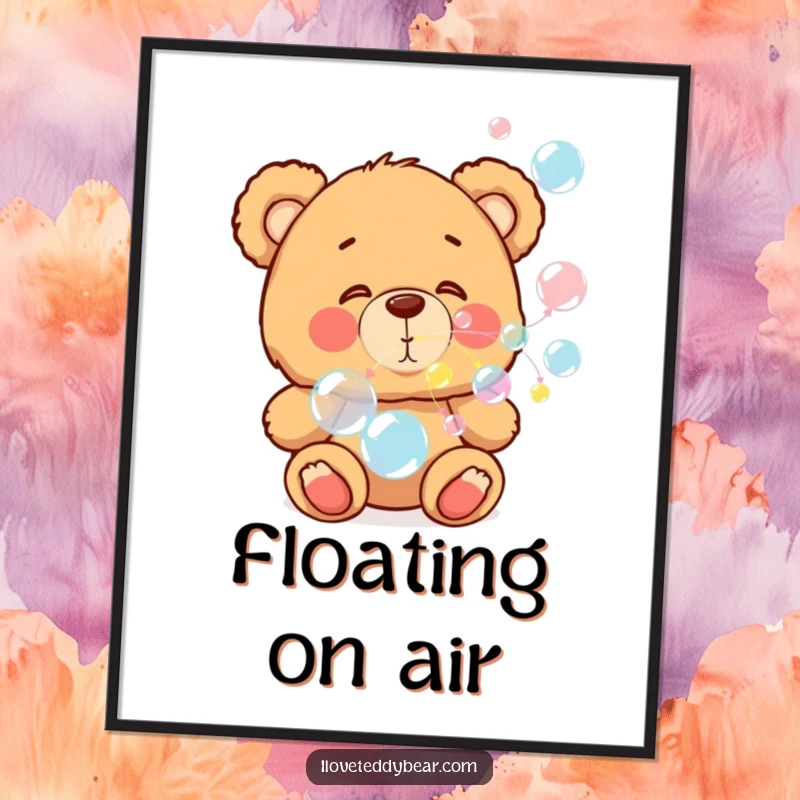 Funny digital art print of a teddy bear blowing colorful bubbles, perfect for instant, cheerful wall decor.