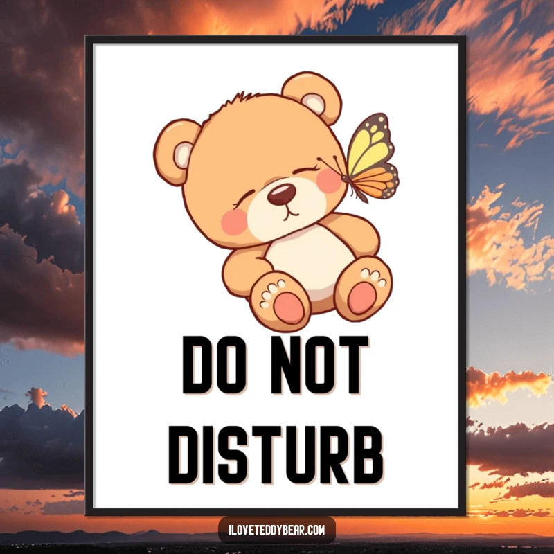 Funny digital art print of a sleepy teddy bear being tickled awake by a butterfly, ideal for printable wall decor with a humorous touch.