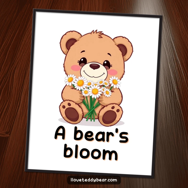 Funny Digital Art illustration of a teddy bear with a goofy grin, presenting a beautiful bouquet of daisies, embodying warmth and happiness.