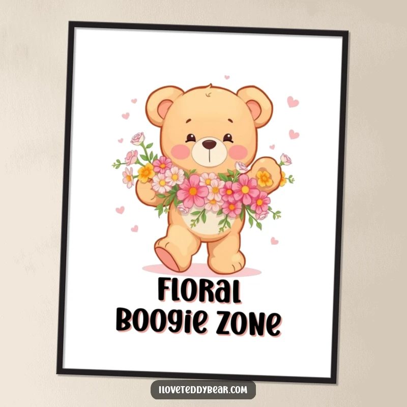 Funny Teddy Bear Digital Art Print with a joyous bear dancing with a bouquet of flowers, instantly downloadable for cheerful decor.