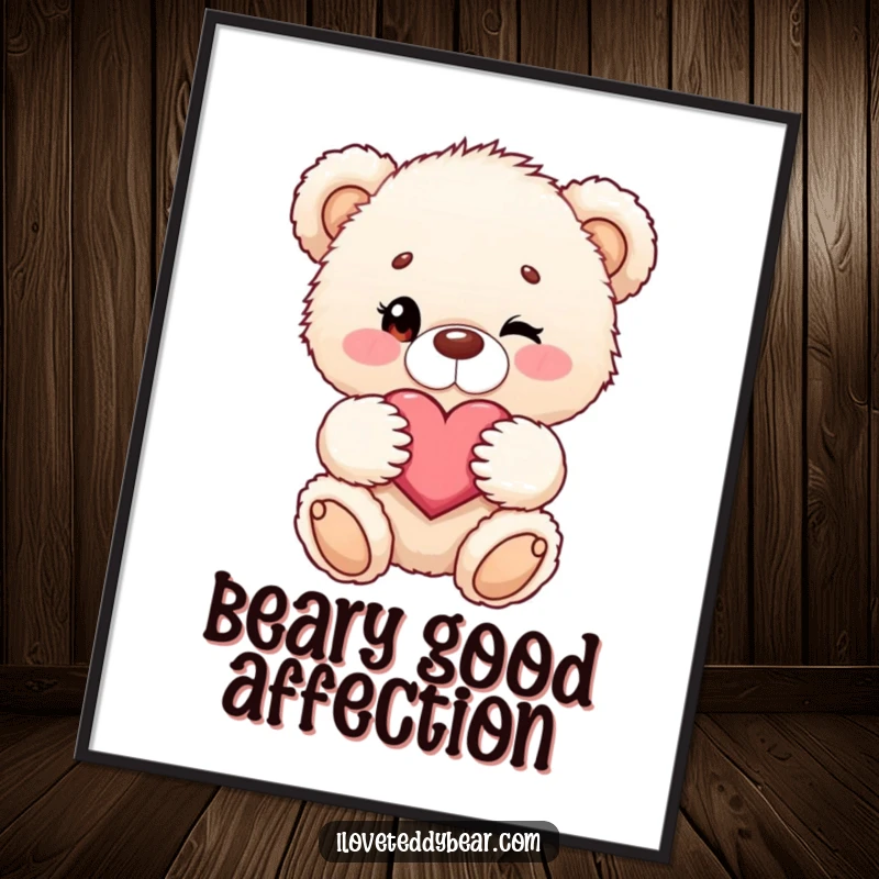 Funny digital art print of a fluffy teddy bear winking and holding a heart, printable decor.