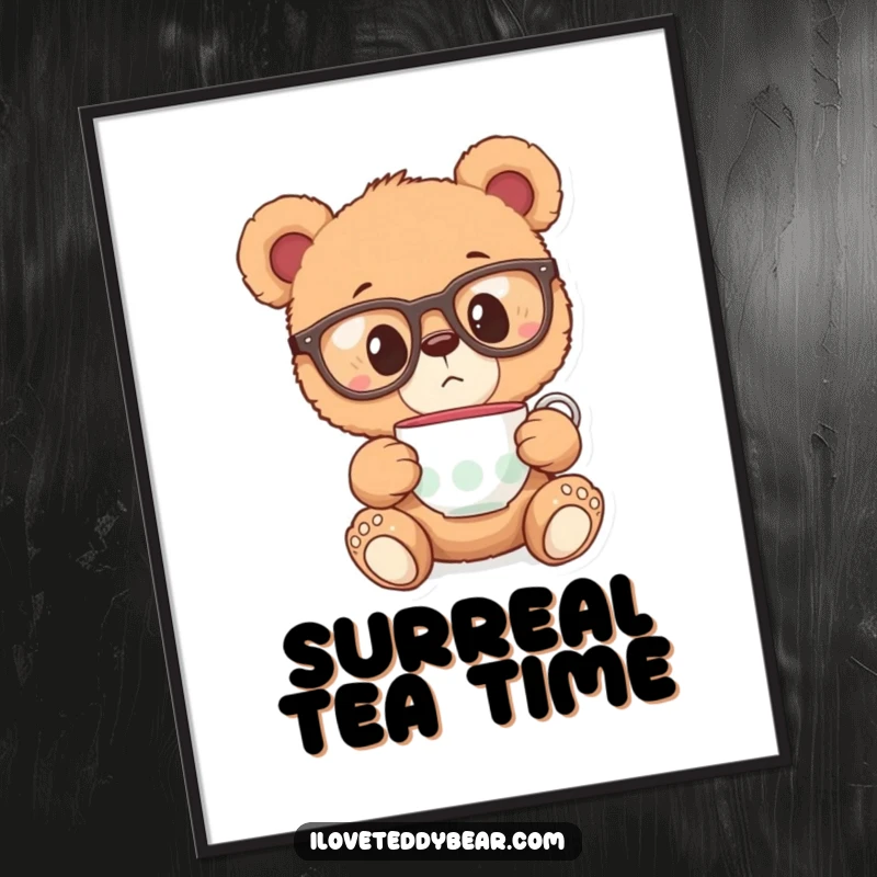 Funny digital art print of a teddy bear in oversized glasses, surprised by a floating teacup, offering instant whimsical charm.
