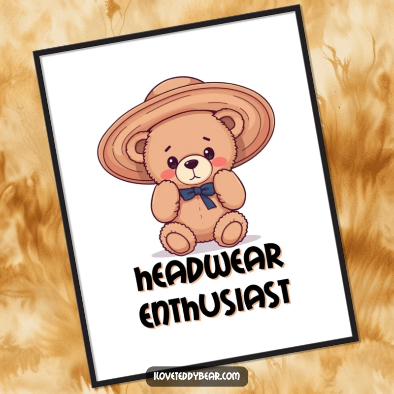 Funny Digital Art illustration of a teddy bear comically struggling with an oversized, floppy hat, creating a scene of pure lighthearted fun.