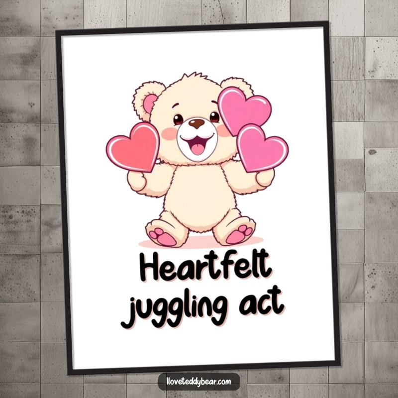 Funny fluffy teddy bear juggling oversized hearts, vibrant digital art for a funny print.