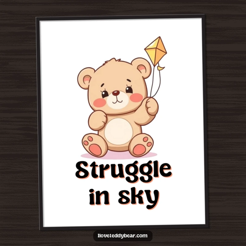 Funny teddy bear digital art print showing a bear with a determined expression, struggling to fly a kite, ready to inspire.