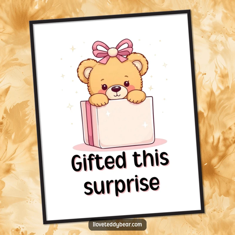 Funny digital art print of a teddy bear peeking from behind a giant, sparkly present, offering instant playful charm.