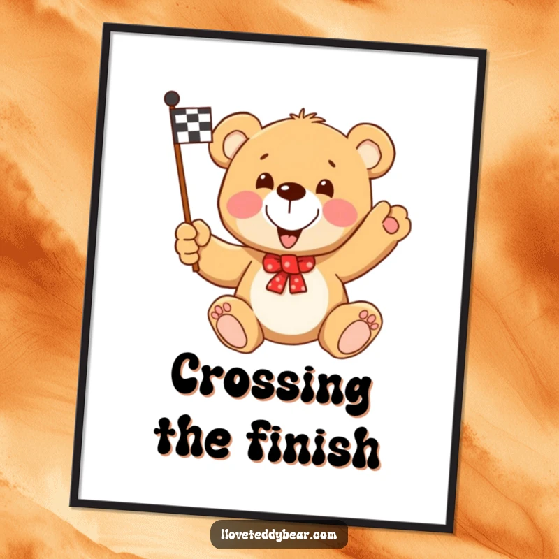 Funny Teddy Bear Racing Flag Digital Art Print: Teddy bear determinedly waving a checkered flag, celebrating victory.