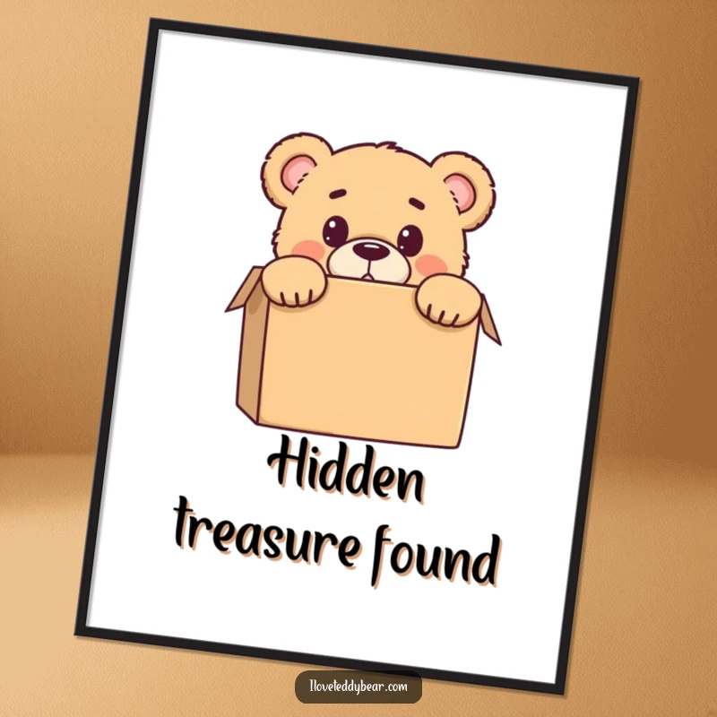 Funny digital art print of a teddy bear peeking from behind a box with a surprised expression, ready to be printed and framed.