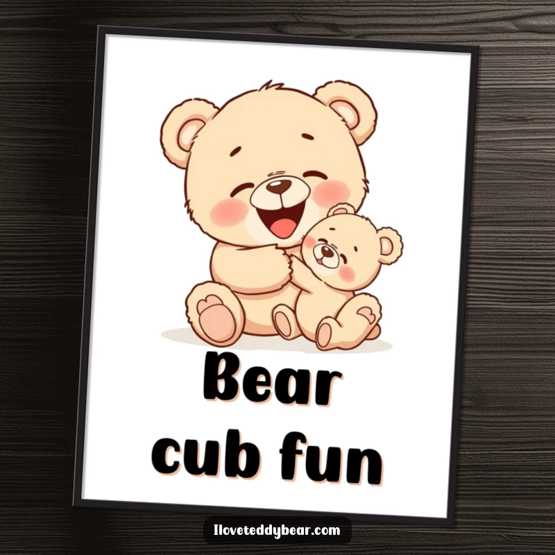Funny digital art print of teddy bears sharing a tickle, radiating pure joy and infectious giggles, perfect for a heartwarming display.