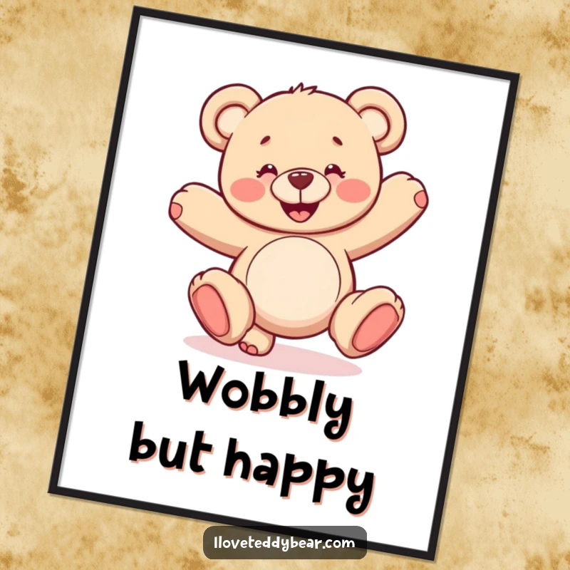 Funny digital art print of a teddy bear with a big smile doing a precarious cartwheel. Humorous downloadable decor.