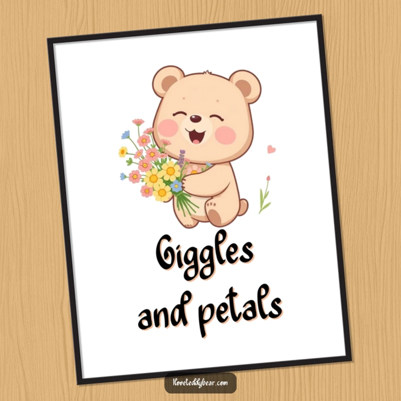 Funny digital art print of a bear softly giggling amidst a colorful bouquet of wildflowers, creating a serene and humorous scene.