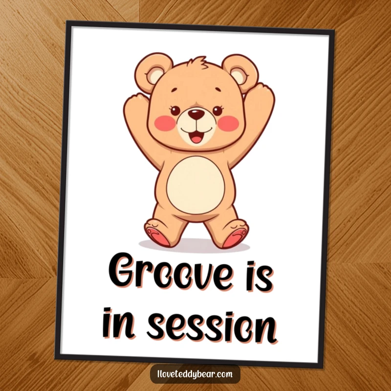 Funny digital art print of a teddy bear dancing with its arms in the air, capturing pure joy and energetic movement for your walls.