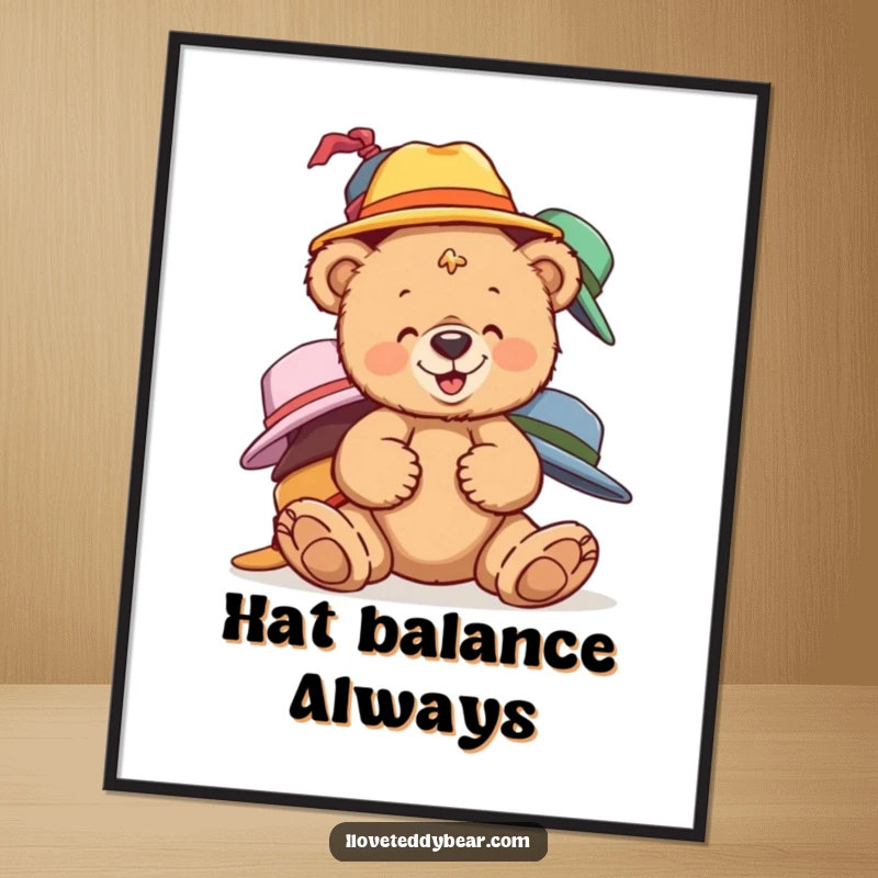 Funny teddy bear digital art print of a bear giggling while balancing mismatched hats, ideal for humorous decor.