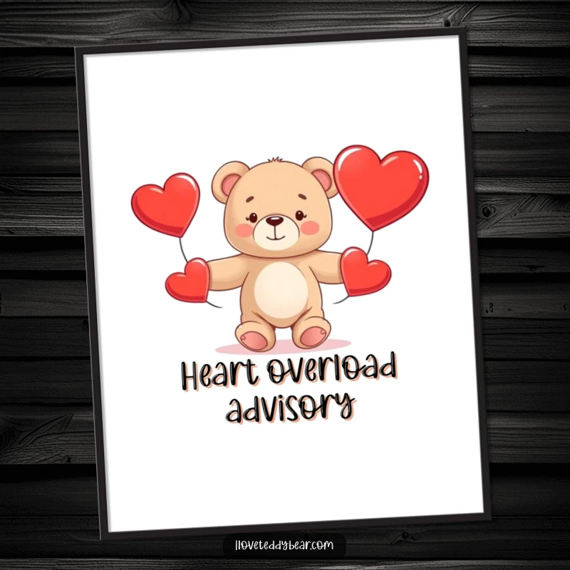 Funny Teddy Bear Digital Art Print showing a bear comically juggling three big red hearts, instantly downloadable for joyful decor.
