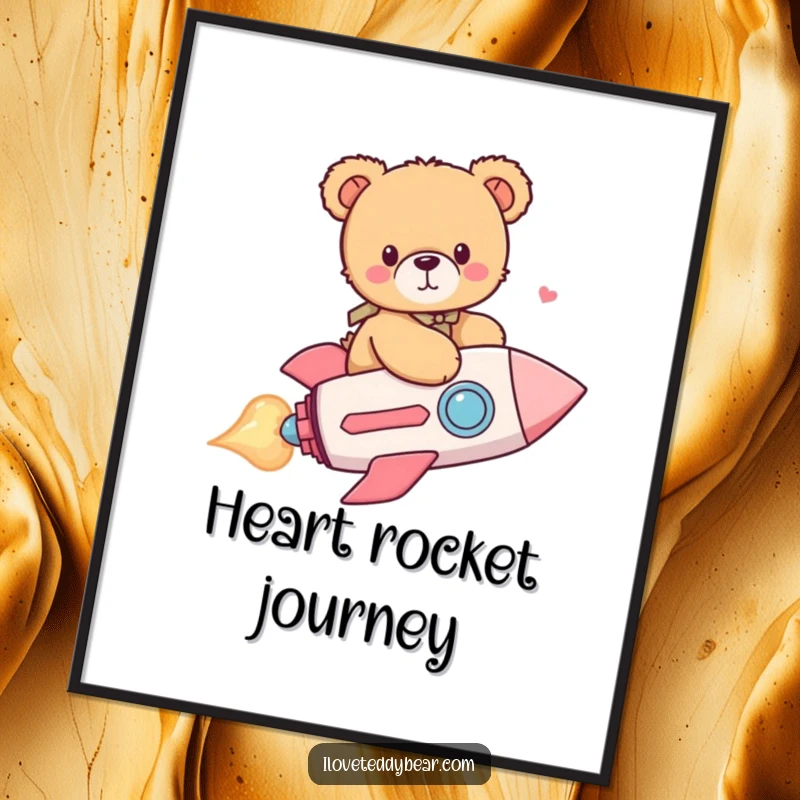 Funny digital art print of a happy teddy bear launching on a heart rocket, perfect for adding a touch of playful adventure to any digital display.