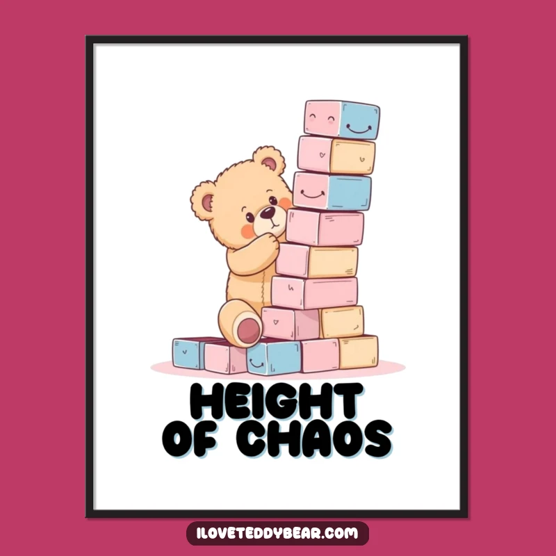 Funny Teddy Bear Block Tower Fail Digital Print - Instant Humorous Decor
