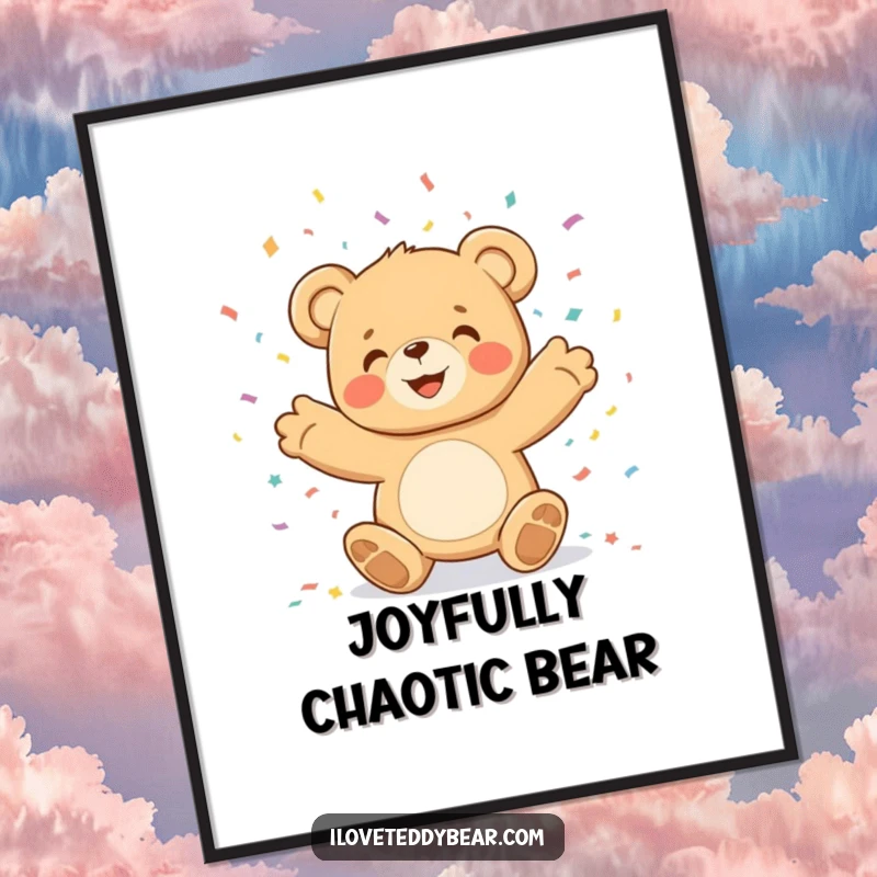 Funny teddy bear character joyfully throwing confetti, as a downloadable digital art print for instant party decor.