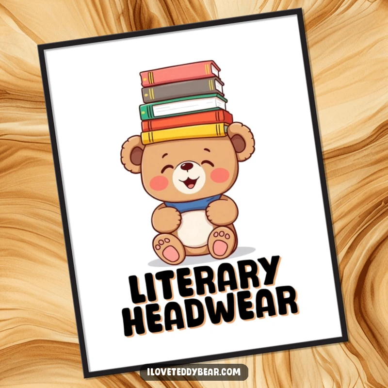 Funny Digital Art Print: Giggling teddy bear humorously balances a stack of colorful books on its head, creating a playful and intellectual scene.