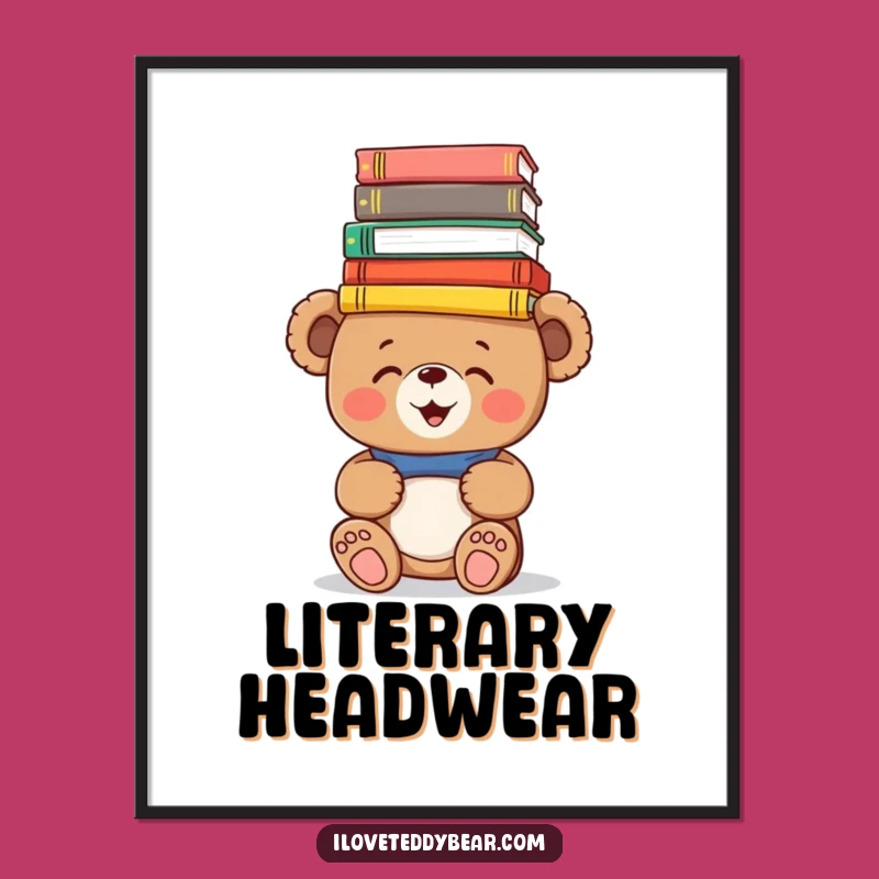 Funny Book Bear Digital Print: Instant Teddy Balancing Books Art, Whimsical Decor Download