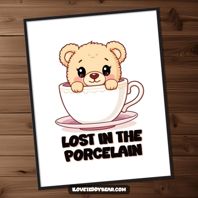 Funny Digital Art Print showing a teddy bear with wide, curious eyes peeking over the rim of a giant teacup, ready to be printed as art.