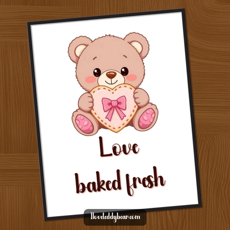 Funny Teddy Bear Cookie Digital Art Print: Teddy bear proudly offers a heart-shaped cookie with a bow, symbolizing love and sweetness.