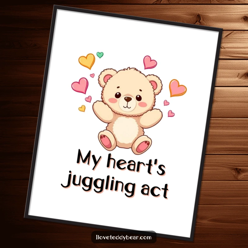 Funny Teddy Bear Digital Art: A downloadable print of a teddy bear joyfully juggling colorful hearts, perfect for adding love and whimsy decor.