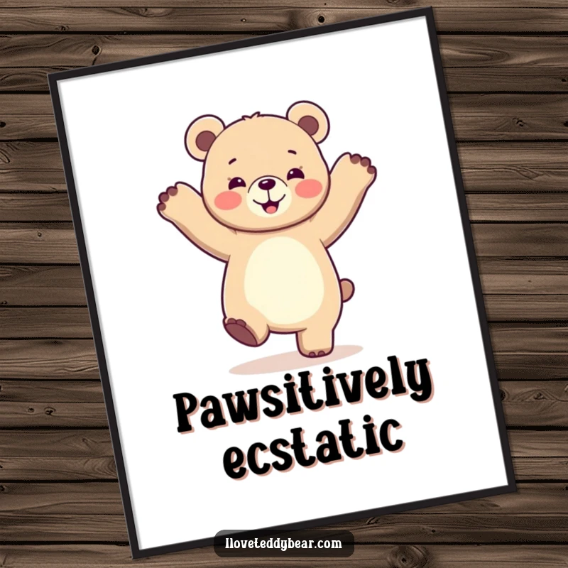 Funny digital art print capturing a bear in a moment of pure dancing ecstasy, paws in the air, radiating joy.