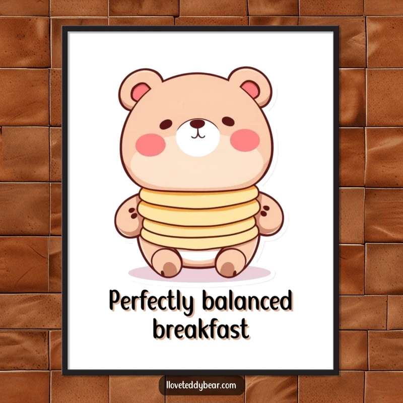 Funny pancake bear digital art print, round bear with rosy cheeks balancing pancakes, cute cartoon art, kitchen decor.