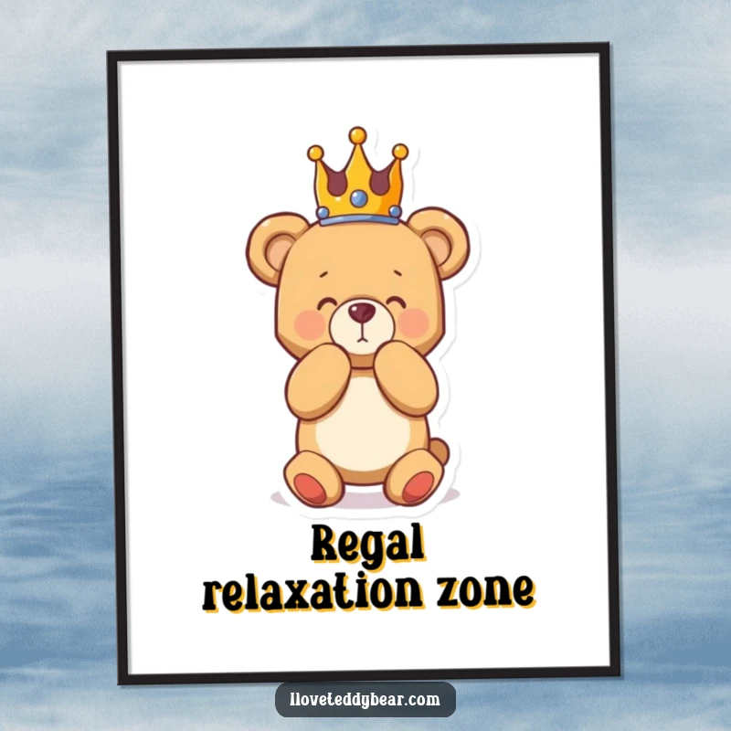 Funny digital art print of a teddy bear wearing a crown, bowing dramatically, capturing regal humor and playful elegance for your walls.