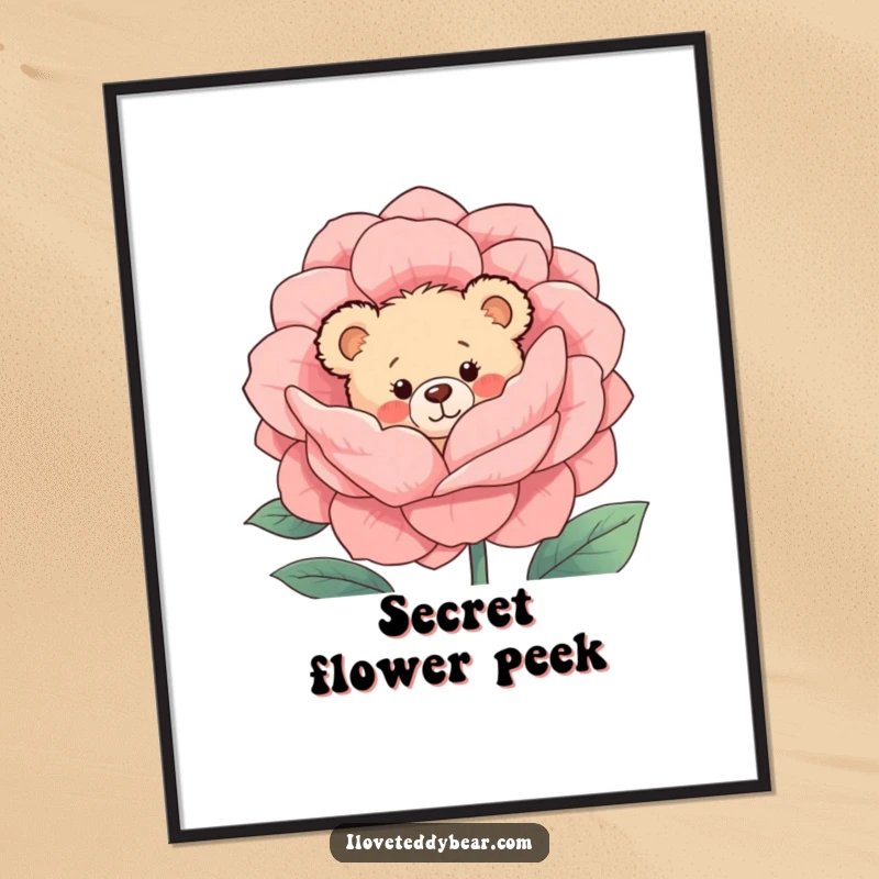 Funny Digital Art Print: Shy teddy bear with rosy cheeks peeks from behind a large blooming flower, conveying sweet shyness and gentle beauty.