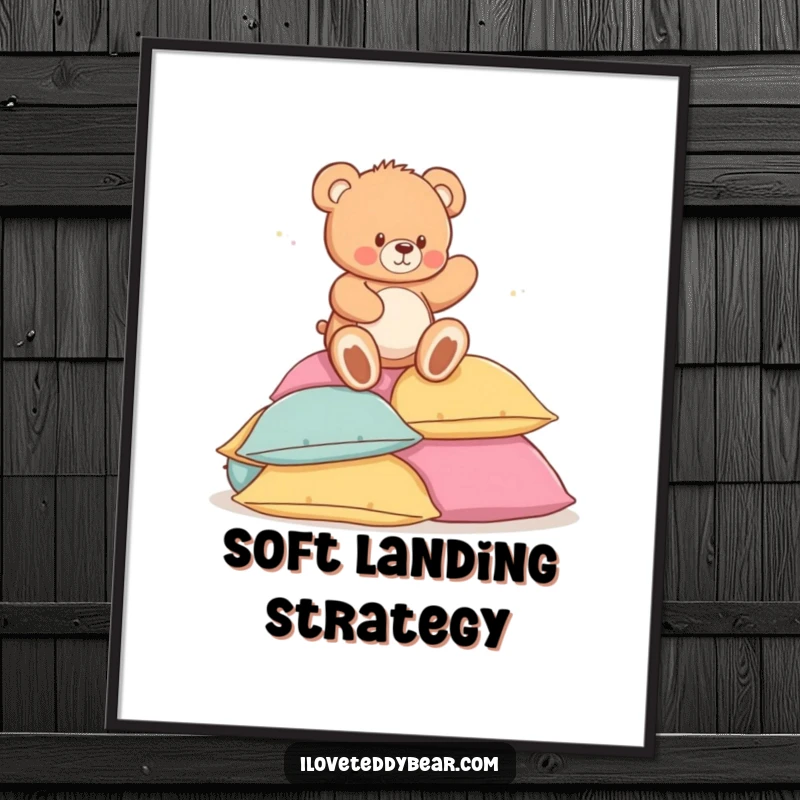 Funny digital art print of a cute teddy bear playfully tripping and falling into a pile of pillows, perfect for adding whimsical charm.