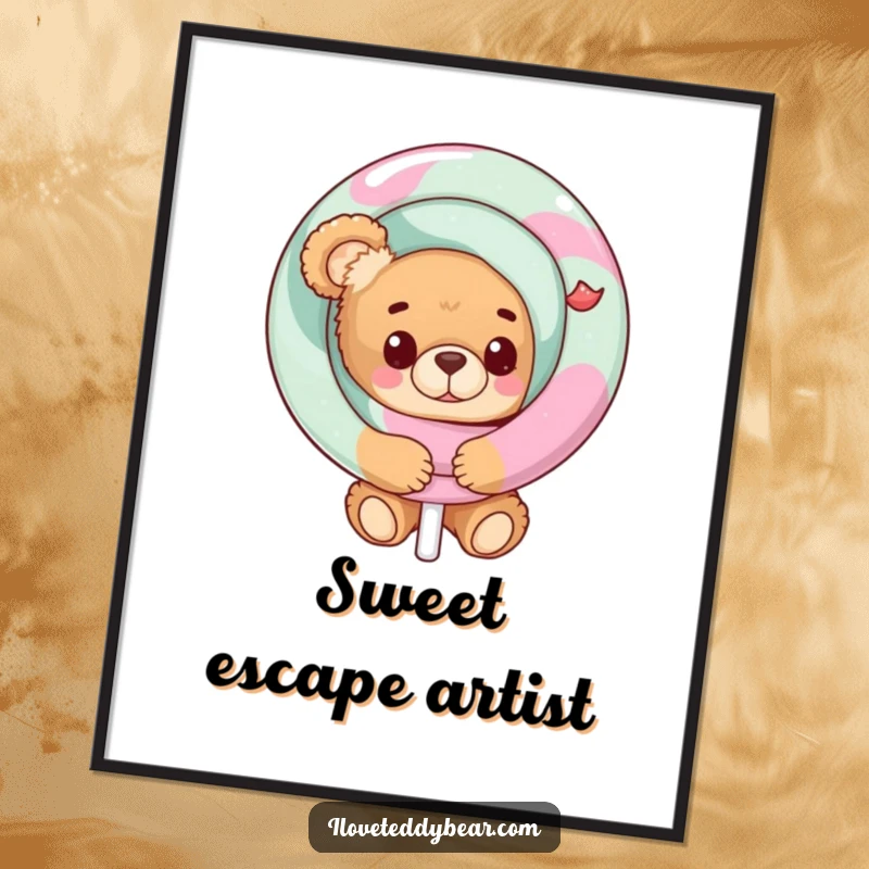 Funny Teddy Bear Digital Art Print with a bear peeking from behind a giant lollipop, instantly downloadable for sweet decor.